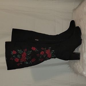 Libby Edelman Black Boots with Red Floral Design